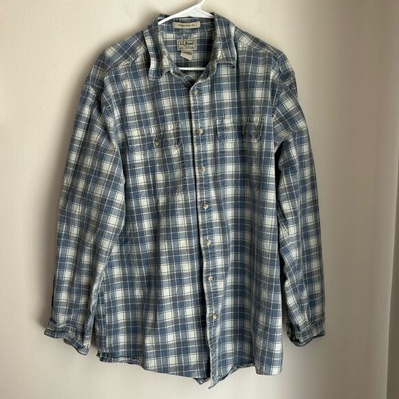 L.L Bean Men’s traditional fit plaid casual button down white blue size LG Tall - Picture 1 of 7